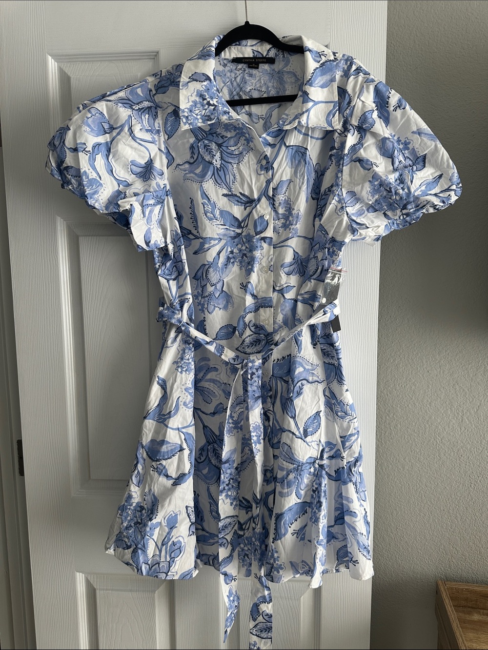 Cynthia Steffe White Dress with Blue Floral Print